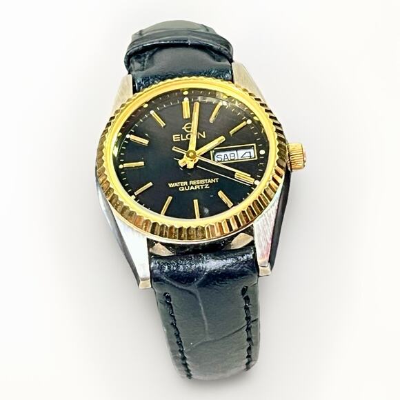 Elgin Quartz Watch Black Dial Day Date Gold Bezel Leather Strap ES173012 Works main image 7